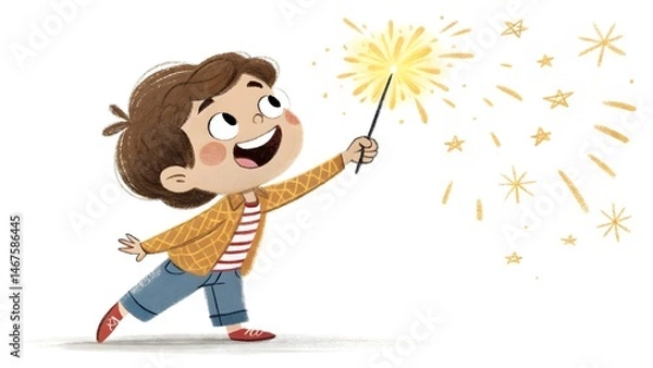 Fototapeta Joyful Child with Sparkling Fireworks, Whimsical Illustration