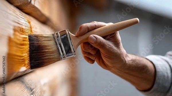 Fototapeta Person is painting a wooden wall with a brush. The brush is brown and black, and the person is holding it in their hand. Scene is calm and focused