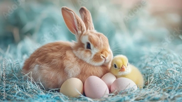 Fototapeta Easter bunny and a chick with eggs