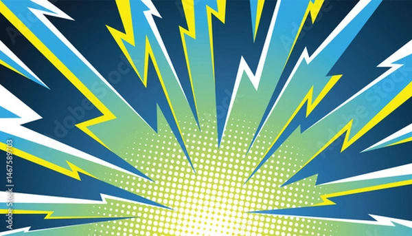Fototapeta blue thunder comic book background with radial burst effect and lightning bolts 