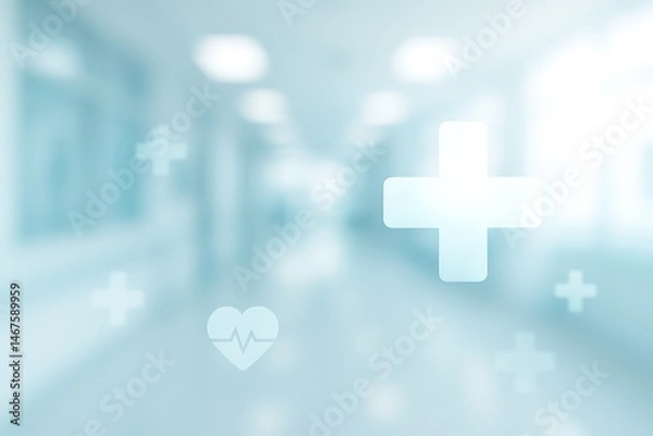 Obraz Hospital Corridor Abstract: A softly blurred image of a hospital corridor, featuring medical cross symbols and a heartbeat monitor graphic subtly superimposed.