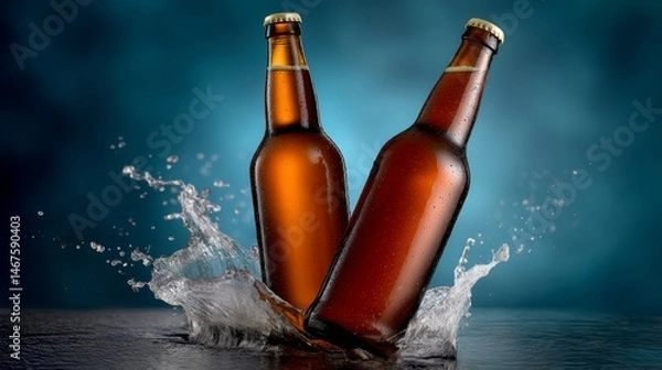 Fototapeta Two beer bottles are in the water, one of which is almost empty. The other is full