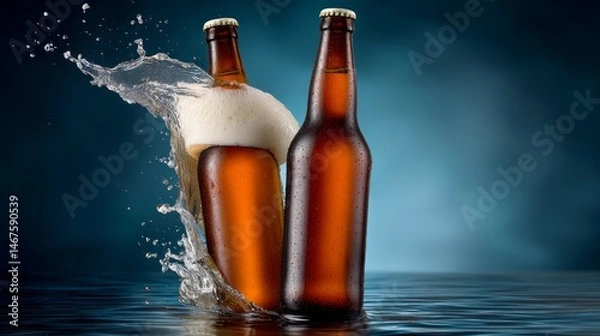 Obraz Two beer bottles are floating in a body of water, with foam spilling out of the top of one of them. Concept of fun and relaxation, as if the two bottles are enjoying a refreshing drink on a hot day