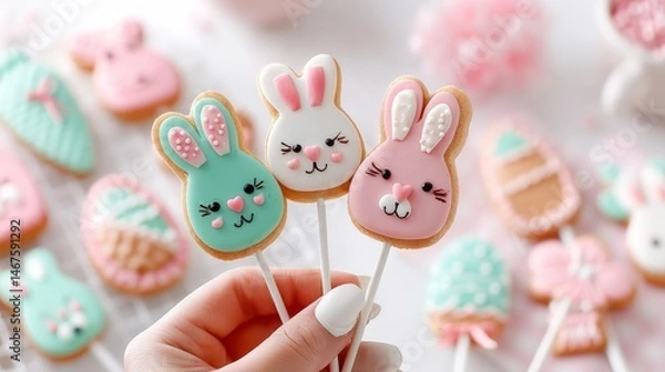 Fototapeta Gingerbread cookies with icing for Easter