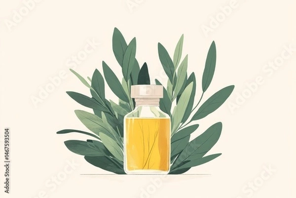 Fototapeta A minimalistic vector illustration of a bottle filled with yellow liquid, surrounded by green leaves