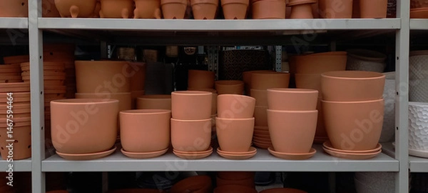 Fototapeta Terracotta flower pots neatly arranged on a store shelf. A warm-toned image showcasing gardening supplies and rustic pottery in a retail environment.