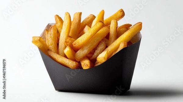 Fototapeta Tray of french fries sits on a white background. The fries are golden brown and appear to be freshly cooked. The tray is black and the fries are arranged in a neat pile