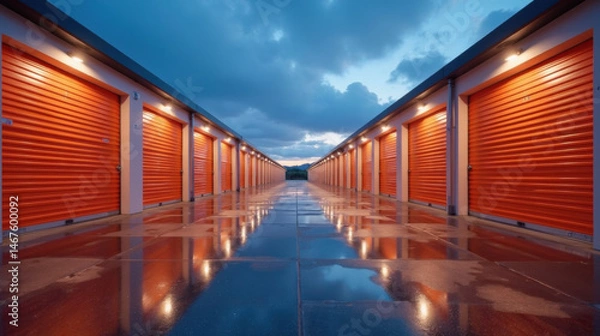 Fototapeta Bright orange storage units line reflective pathway under cloudy sky, creating striking visual contrast