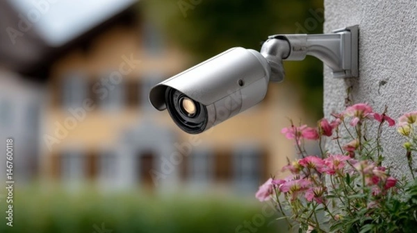 Fototapeta Security camera is mounted on a wall next to a house. The camera is pointed at the house and the flowers in the foreground