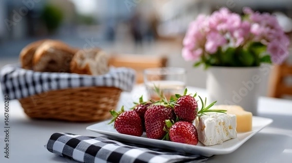 Fototapeta Plate of strawberries and cheese is set on a table with a white napkin and a vase of flowers