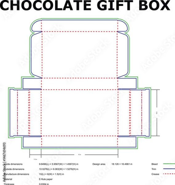 Fototapeta Detailed schematic illustration of a chocolate gift box packaging showing dimensions and creasing lines for manufacturing.