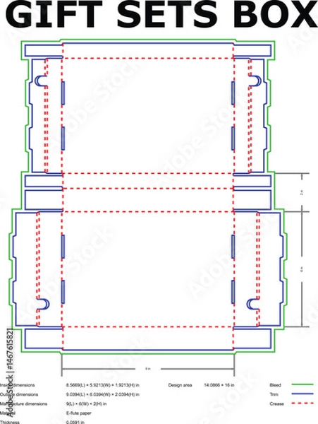 Fototapeta Detailed engineering blueprint layout for a gift set box with dimensions and specifications for manufacturing purposes.