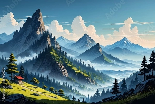 Fototapeta mountains with a red bench in the foreground and a blue sky