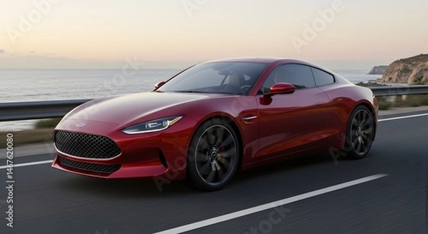 Fototapeta Red car speeding on the road automotive exterior design travel transportation theme