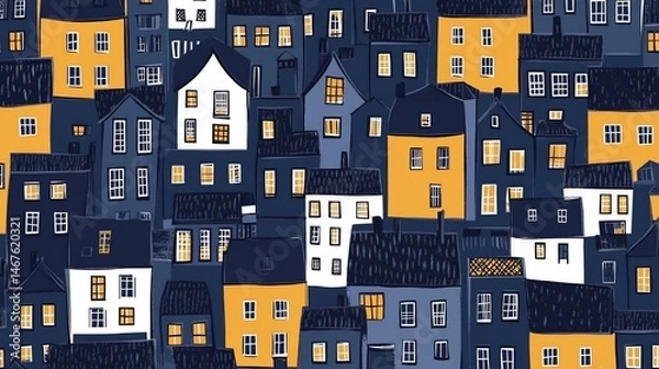 Fototapeta Stylized Village Landscape with Colorful Houses and Illuminated Windows Pattern