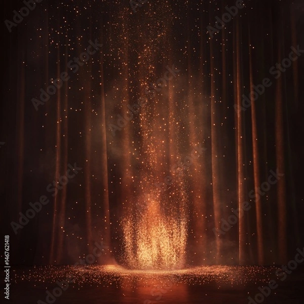 Obraz Dramatic Stage with Falling Golden Glitter, Ethereal Light and Dark Curtains