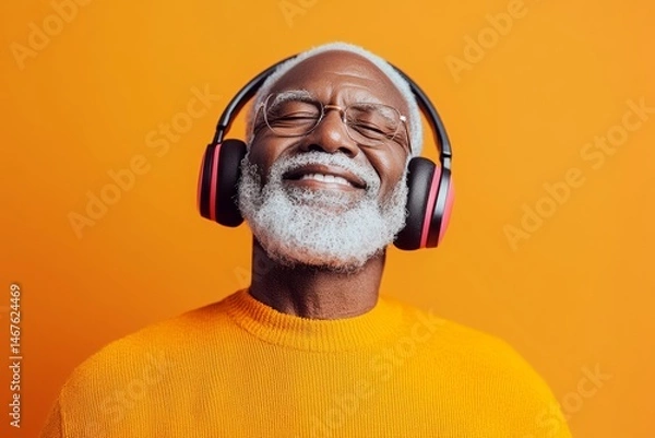Fototapeta Man wearing headphones and a yellow sweater is smiling. Concept of relaxation and enjoyment as the man listens to music