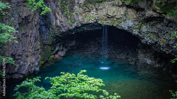 Fototapeta Waterfall in the volcanic terrain with columnar joint and river cave (corrasional cave), Hantan River, Dove's Pocket (nest) Waterfall, South Korea