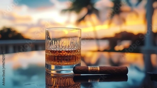 Obraz Whiskey glass and cigar on reflective table with sunset and palm trees by the sea.
