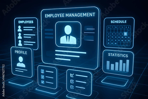 Fototapeta Futuristic employee management dashboard featuring digital profiles, schedules, and statistics. Ideal for illustrating modern business management solutions and workforce analytics.