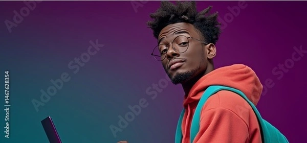 Fototapeta Man wearing glasses and a red hoodie is holding a laptop. Concept of focus and productivity, as the man is likely working on his laptop