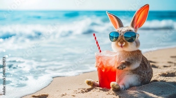 Fototapeta Rabbit enjoying a cocktail on the beach, exuding summer vibes with ocean backdrop
