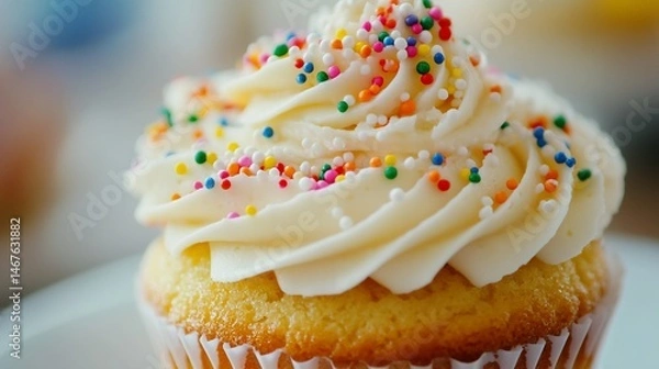 Fototapeta Whimsical Delight: A Close-Up of a Festive Cupcake with Sprinkles