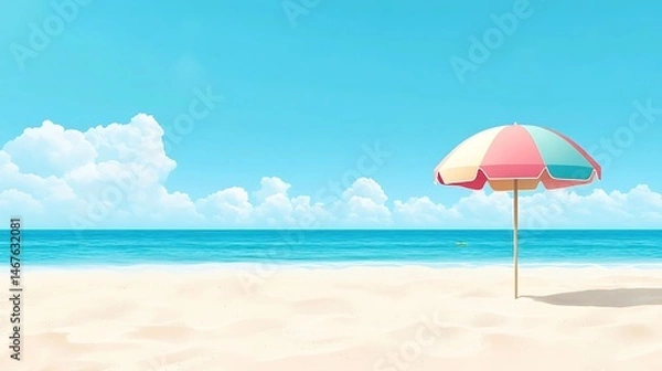 Obraz Serene Beach Scene Colorful Umbrella on Sandy Shore with Ocean View