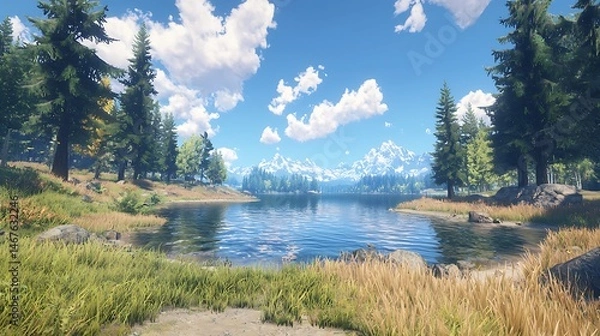Obraz Serene Lakeside View Mountain Scenery Coniferous Trees Calm Water Sunny Day