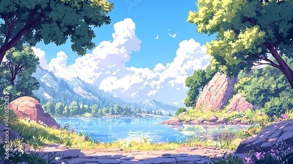 Obraz Serene Lakeside Vista Tranquil Summer Landscape with Lush Greenery and Mountains