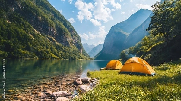Obraz Serene Mountain Lake Camping Scene Two Yellow Tents by Crystal Clear Water