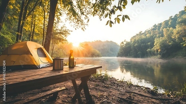 Obraz Serene Sunrise Camping Scene Tent River and Picnic Table at Dawn