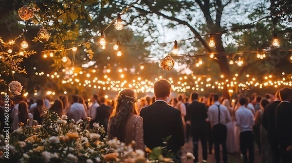 Obraz Romantic Couple at Outdoor Wedding Reception with String Lights and Guests