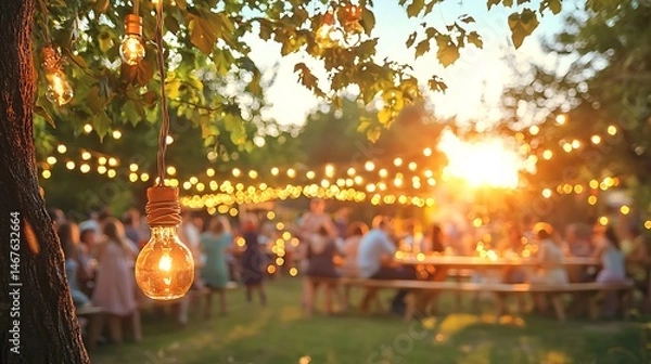 Obraz Warm Evening Garden Party with String Lights Festive Ambiance Blurred Background