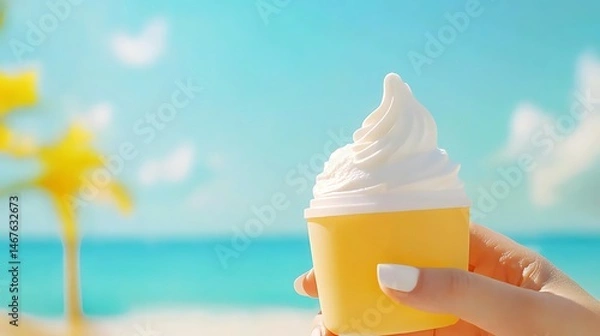 Obraz Creamy Soft Serve Ice Cream Cone at Tropical Beach Vacation