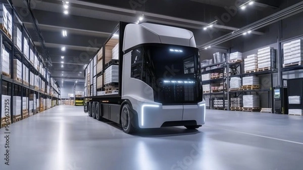Fototapeta Futuristic autonomous delivery vehicle in a modern warehouse environment