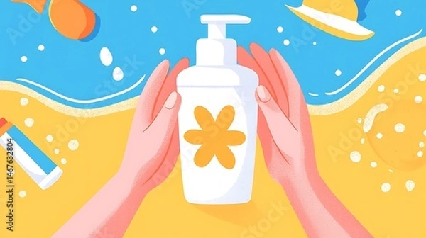 Obraz Summer Sun Care Hands Holding Sunscreen Bottle on Beach