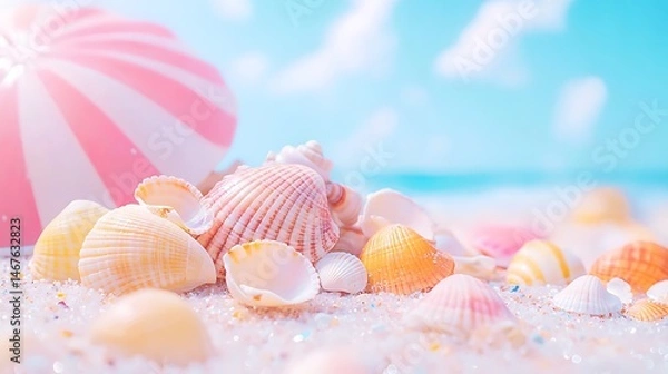 Obraz Seashells on Sandy Beach with Pink Striped Umbrella Summer Vacation Idyll