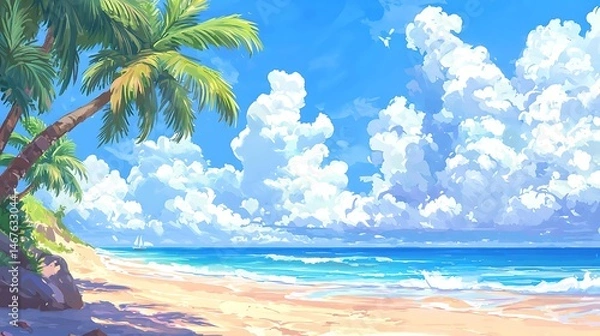 Obraz Idyllic Tropical Beach Scene Sunny Sky Palm Trees Ocean Waves Sandy Shore