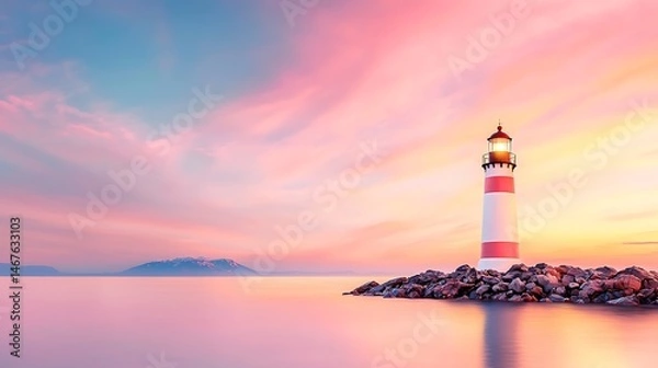 Obraz Serene Seascape Lighthouse at Sunset Pink Sky Calm Waters