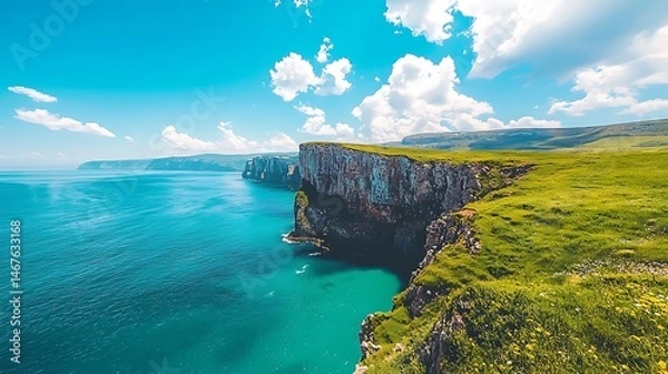 Obraz Stunning Coastal Cliffs Turquoise Ocean Green Grassland Dramatic Seascape Summer Day