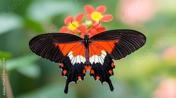 Obraz Stunning Red and Black Butterfly on Flowers Close up Macro Photography of Insect in Nature