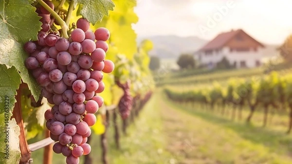 Obraz Ripe Red Grapes Hanging on Vine in Sunny Vineyard Landscape