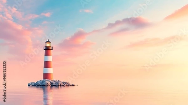 Obraz Serene Seascape Lighthouse at Sunset Calm Ocean Pink Sky Coastal View