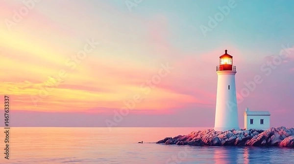 Obraz Serene Seascape Illuminated Lighthouse at Sunset Coastal Rocks and Calm Ocean