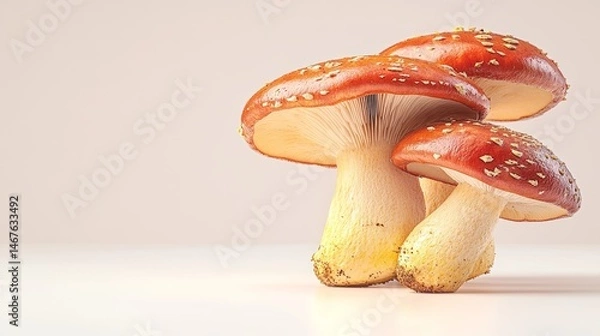 Fototapeta Three red mushrooms are standing on a white background. The mushrooms are large and have a spiky appearance. Concept of natural beauty and the freshness of the mushrooms
