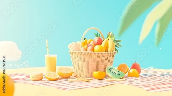 Obraz Summer Picnic Basket with Tropical Fruits Juice and Macarons on Beach