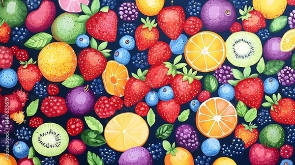 Obraz Vibrant Colorful Fruit Pattern Strawberries Oranges Kiwis Berries Background Design