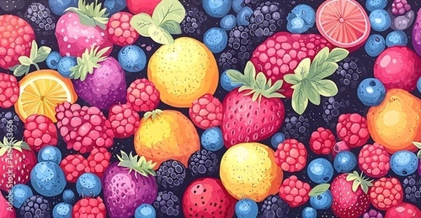 Obraz Vibrant Summer Fruit Background Strawberries Raspberries Blackberries Blueberries Citrus