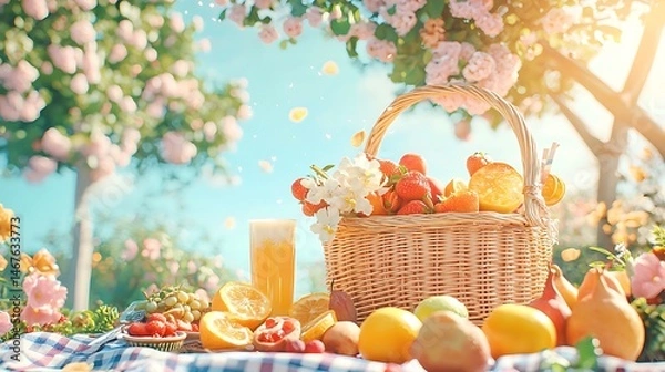 Obraz Sunny Summer Picnic Basket with Fresh Fruit Juice and Flowers in a Garden